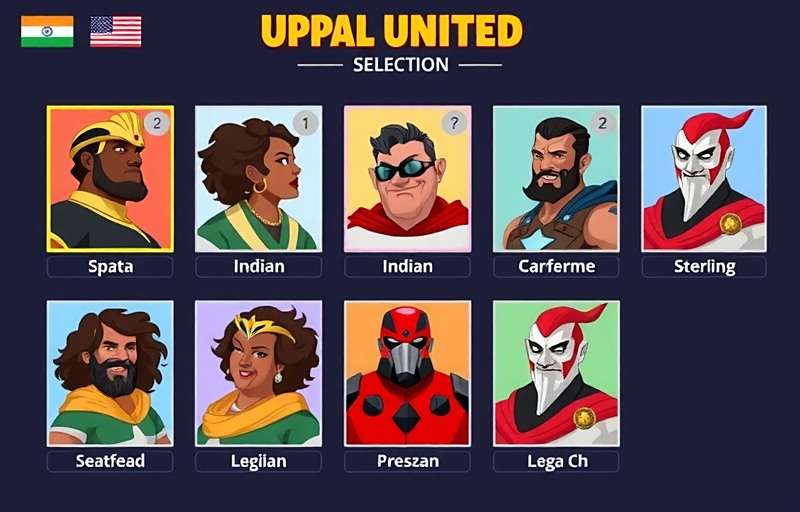 Uppal United Character Selection Uppal United character selection screen showing various Indian-inspired heroes